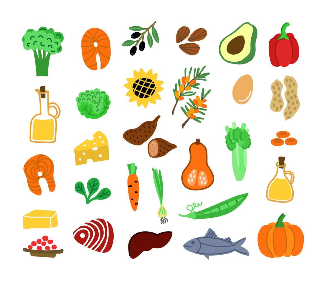 ensemble d'illustrations d'aliments biologiques sains, légumes, viande, poisson, huile végétale, noix. illustration vectorielle isolée de la nourriture faite dans un style plat vecteur