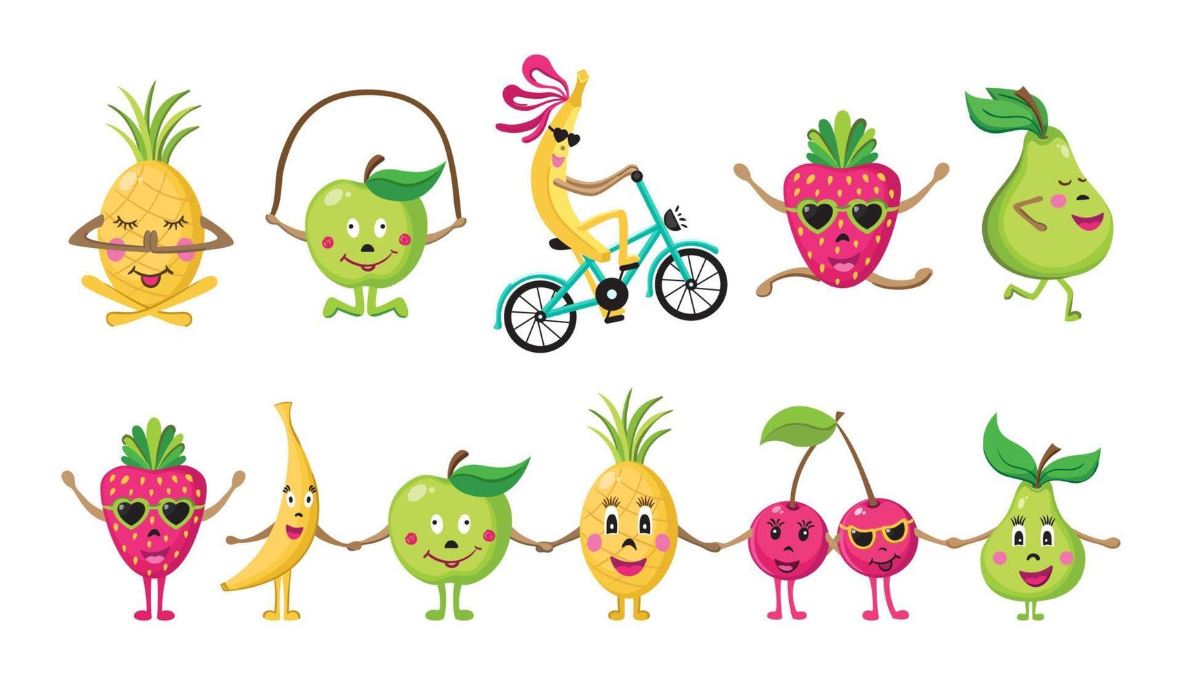 collection de fruits de dessins animés peints faisant du sport vecteur