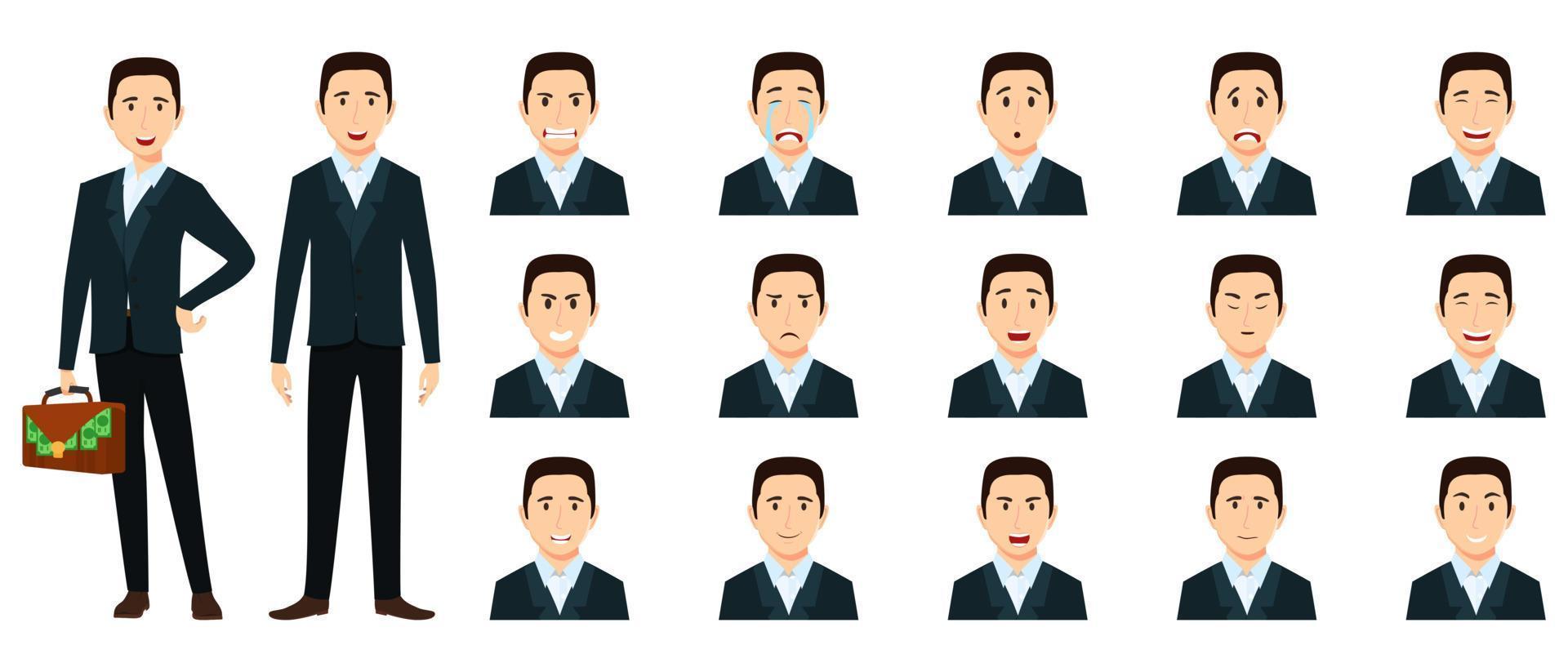 homme d'affaires a défini un avatar avec différentes expressions faciales et émotions cri en colère heureux malheureux triste excité joyeux isolé posant avec sac vecteur