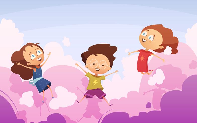 Compagnie d&#39;enfants enjoués sautant contre des nuages de rose vecteur
