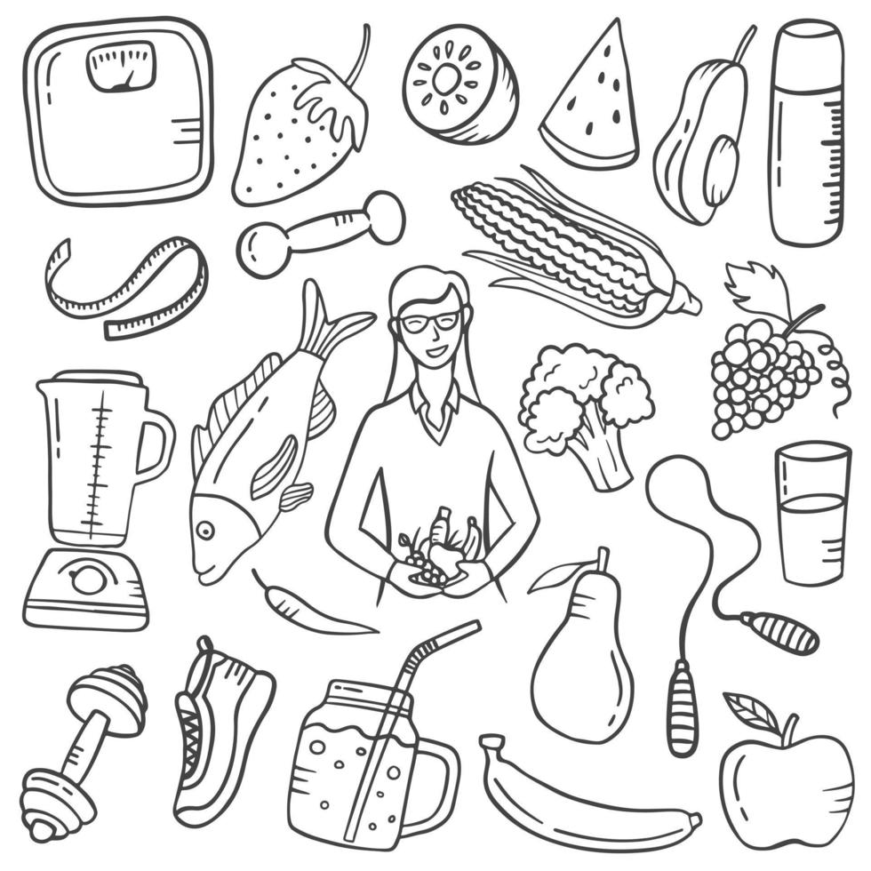 nutritionniste doodle collections de jeux dessinées à la main avec un style de contour noir et blanc vecteur