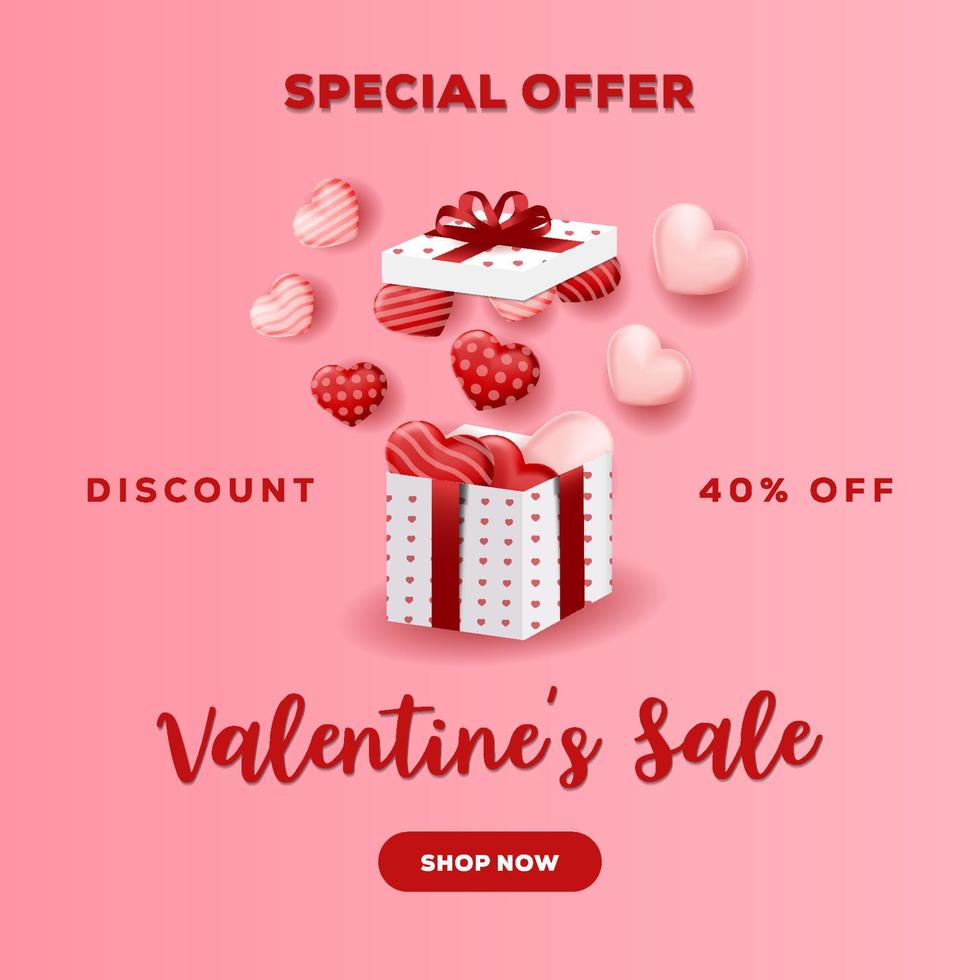 la conception de la vente de la Saint-Valentin avec le coeur découle d'une boîte-cadeau. conception de vecteur de vente saint valentin