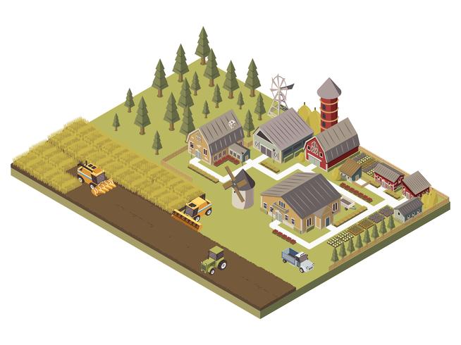 Illustration de bâtiments de ferme et de champs cultivés vecteur