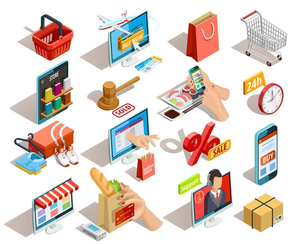 shopping e-commerce jeu d&#39;icônes isométriques vecteur