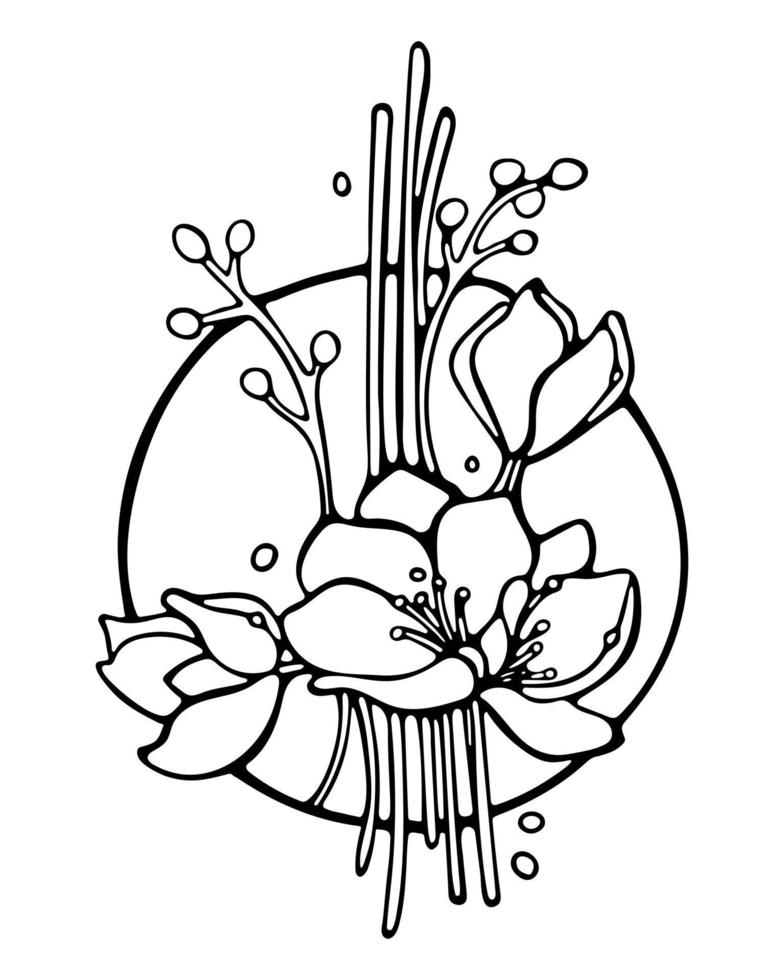 arrangement de fleurs fantastiques dessinés à la main dans un cercle. illustration de vecteur de contour noir isolé sur fond blanc. pour le livre de coloriage, concevez une carte de voeux pour la fête des mères, un logo, une étiquette