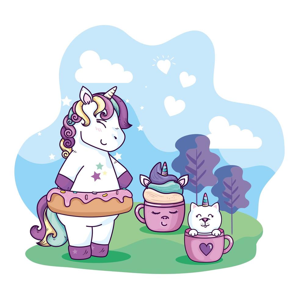 Licorne mignonne en paysage avec des tasses de fantaisie vecteur