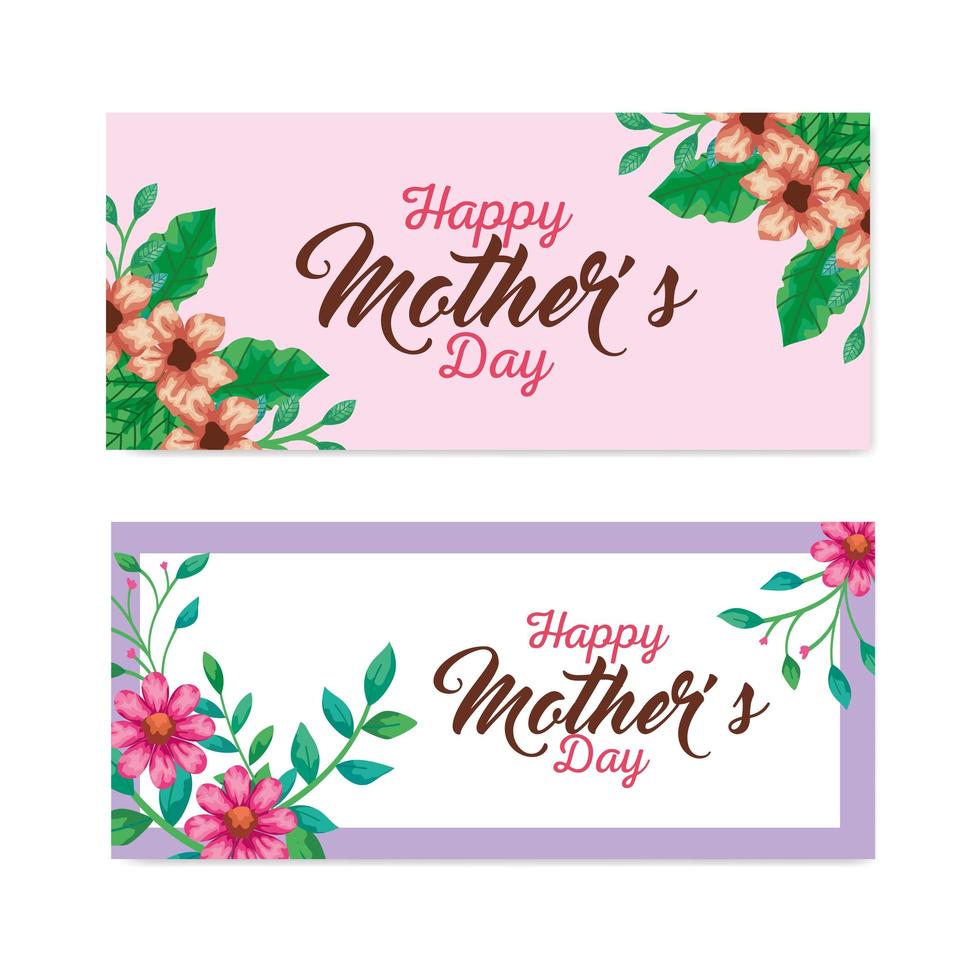fleurs avec des feuilles de cartes de conception de vecteur de fête des mères heureuse