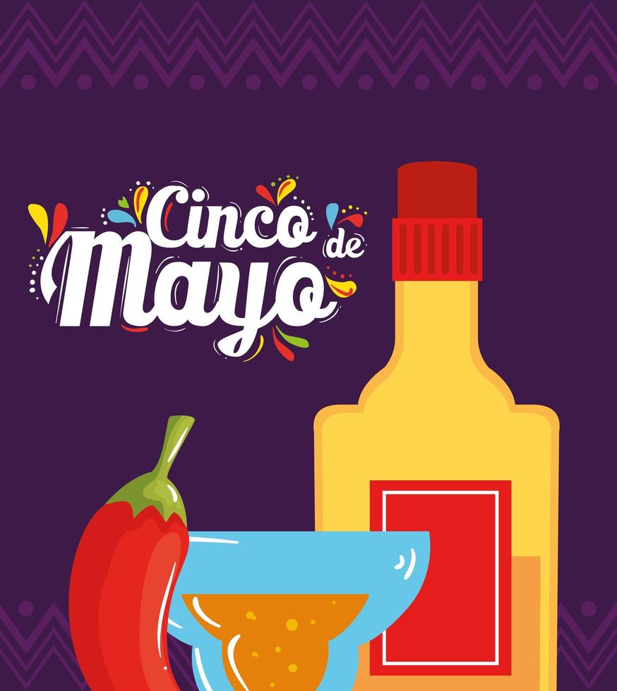 cocktail de bouteille de tequila mexicaine et piment de conception vectorielle de cinco de mayo vecteur
