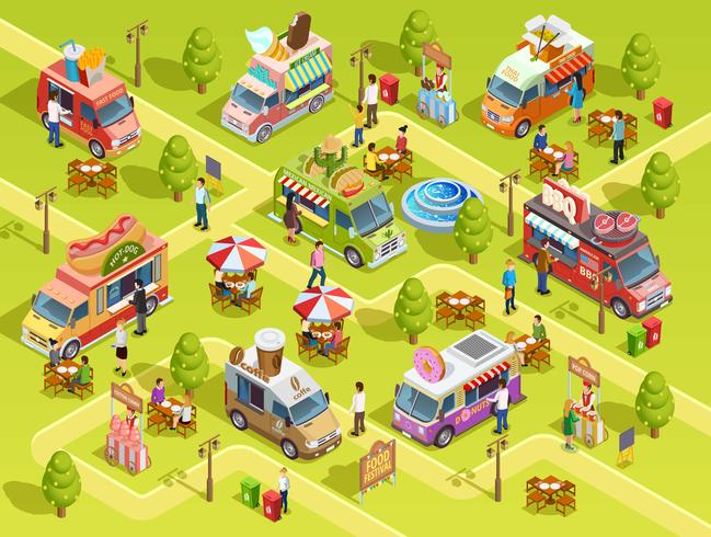 Affiche de composition isométrique de Food Trucks Outdoors vecteur