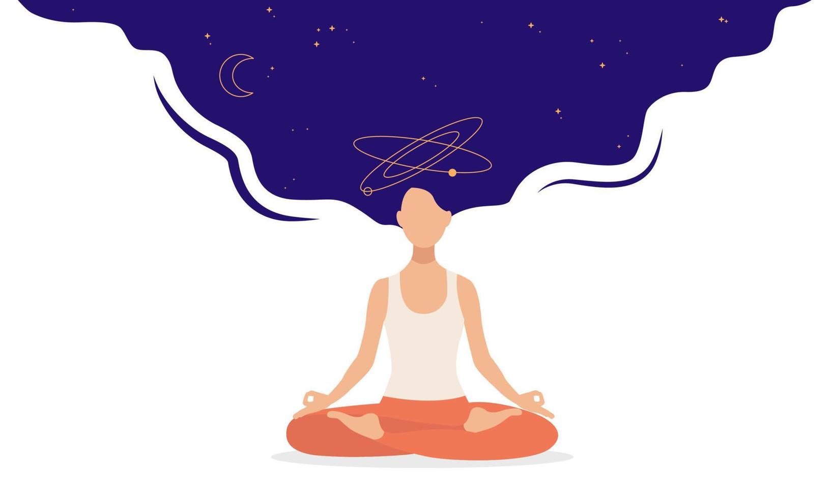 jeune femme méditant avec des cheveux connectés à l'univers dans une pose de lotus de yoga. illustration vectorielle de connexion univers et mode de vie sain, eps 10 vecteur