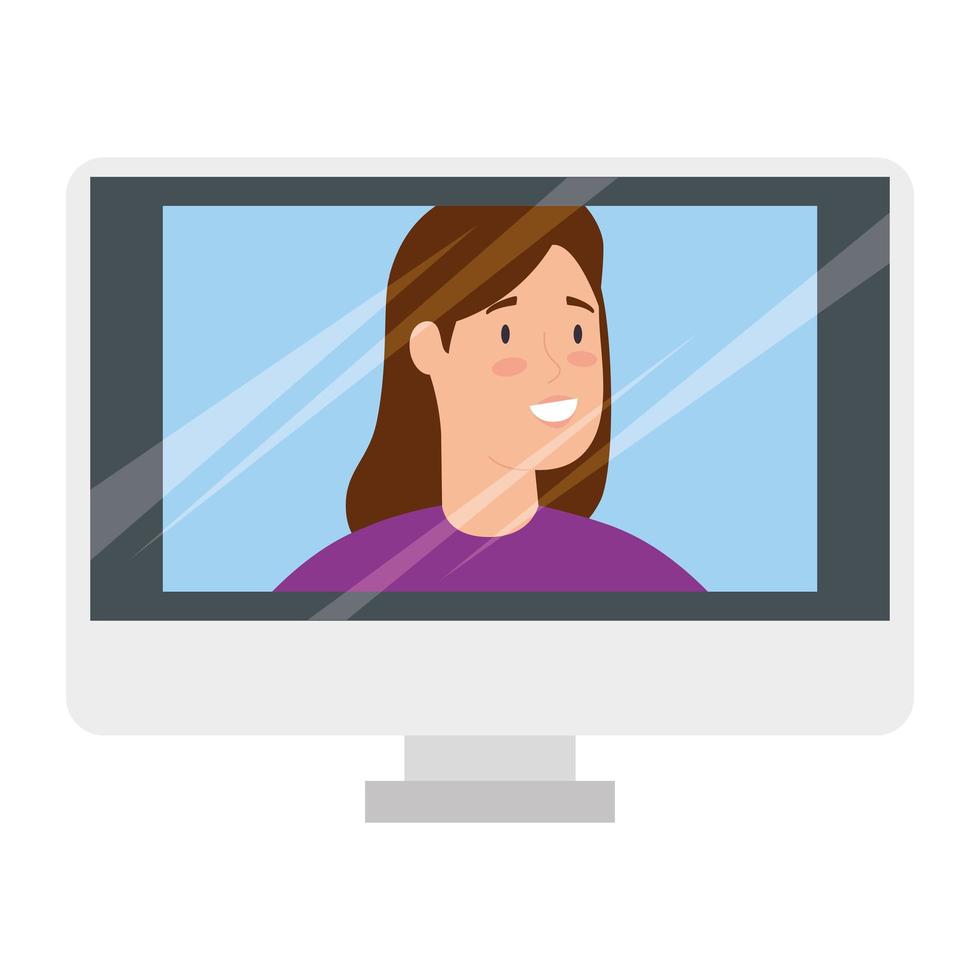 Jeune femme en vidéoconférence sur ordinateur vecteur