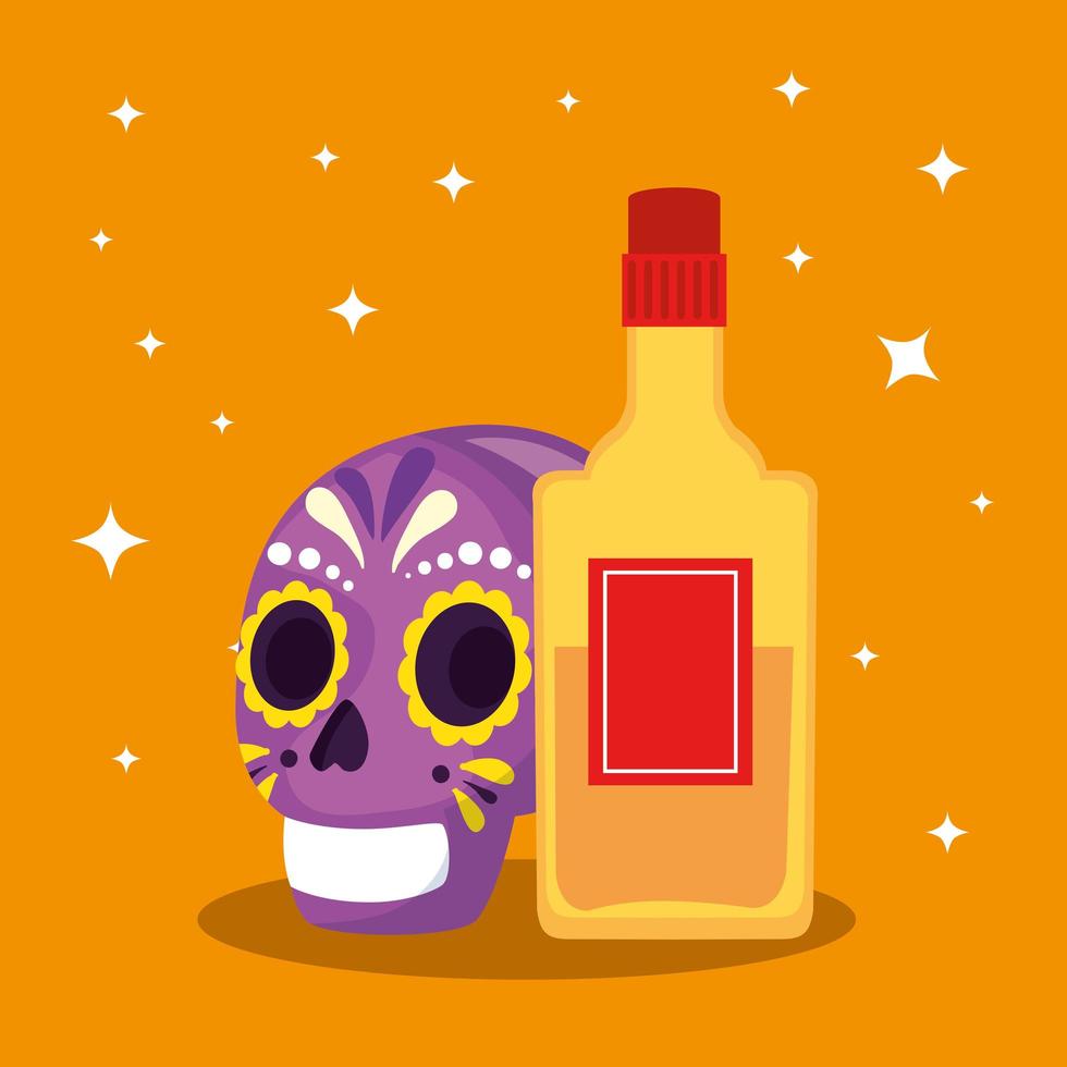 crâne mexicain et conception de vecteur de bouteille de tequila