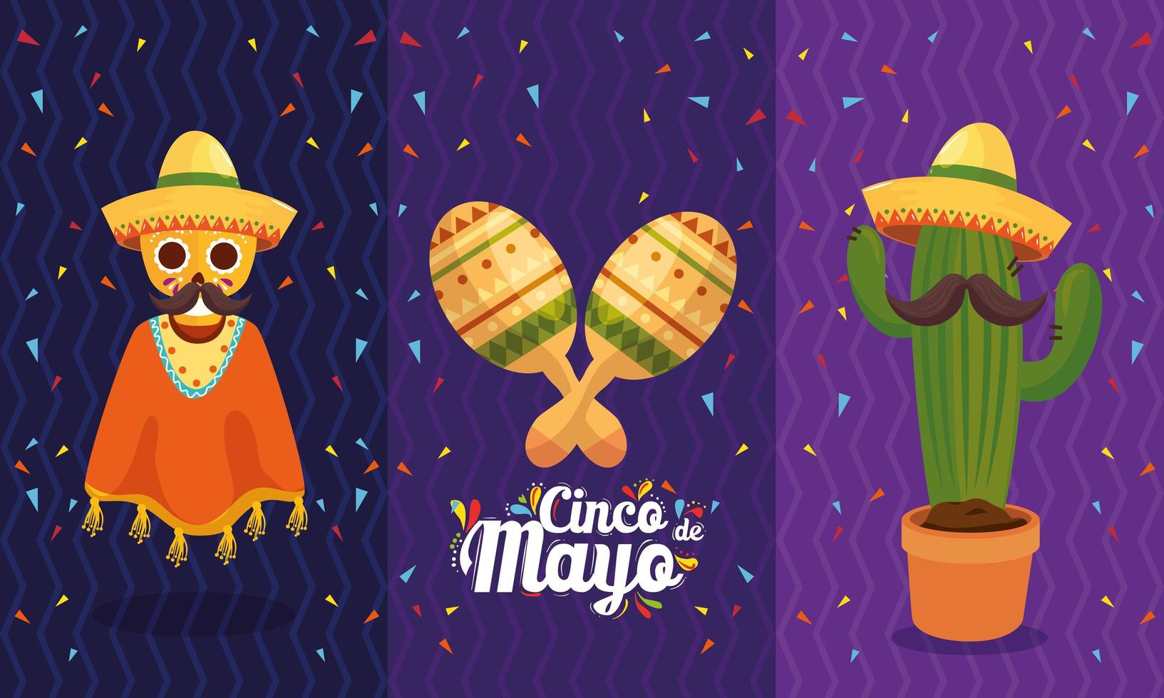 maracas mexicains de crâne et cactus de conception de vecteur de cinco de mayo