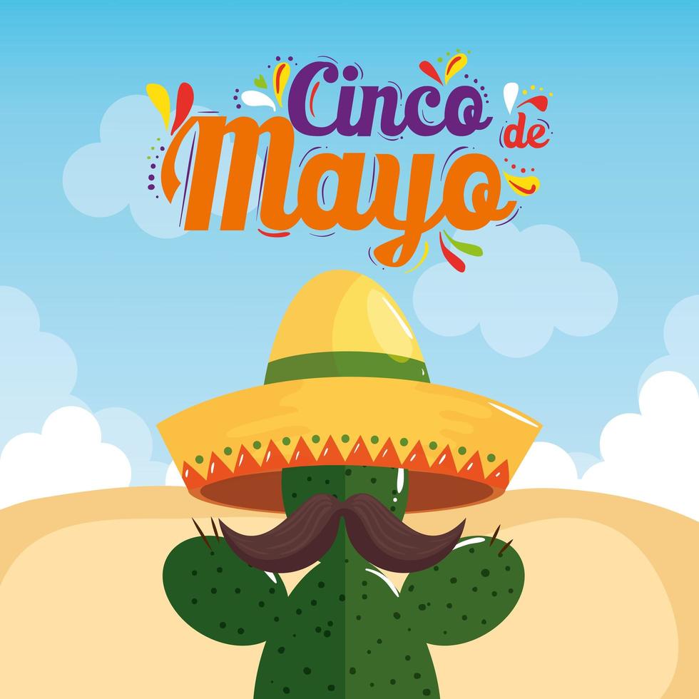 cactus mexicain avec chapeau et moustache de dessin vectoriel de cinco de mayo