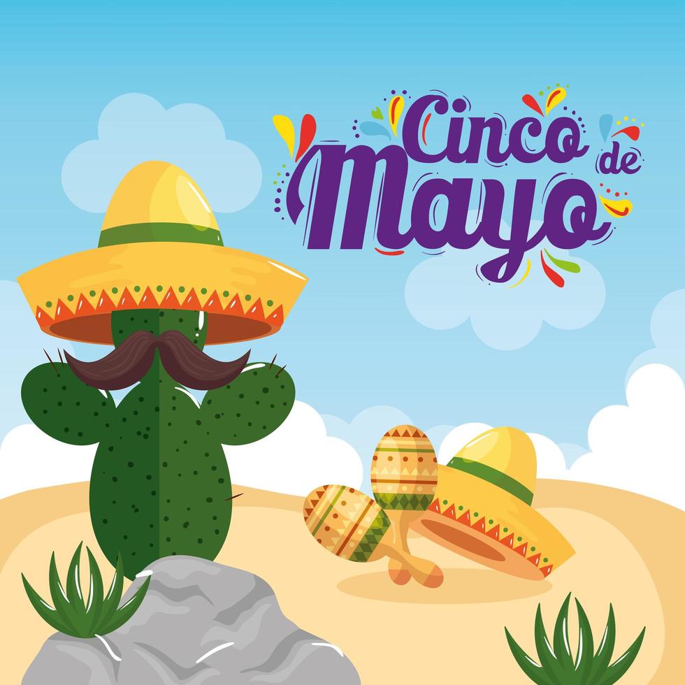 cactus mexicain avec chapeau et moustache de dessin vectoriel de cinco de mayo