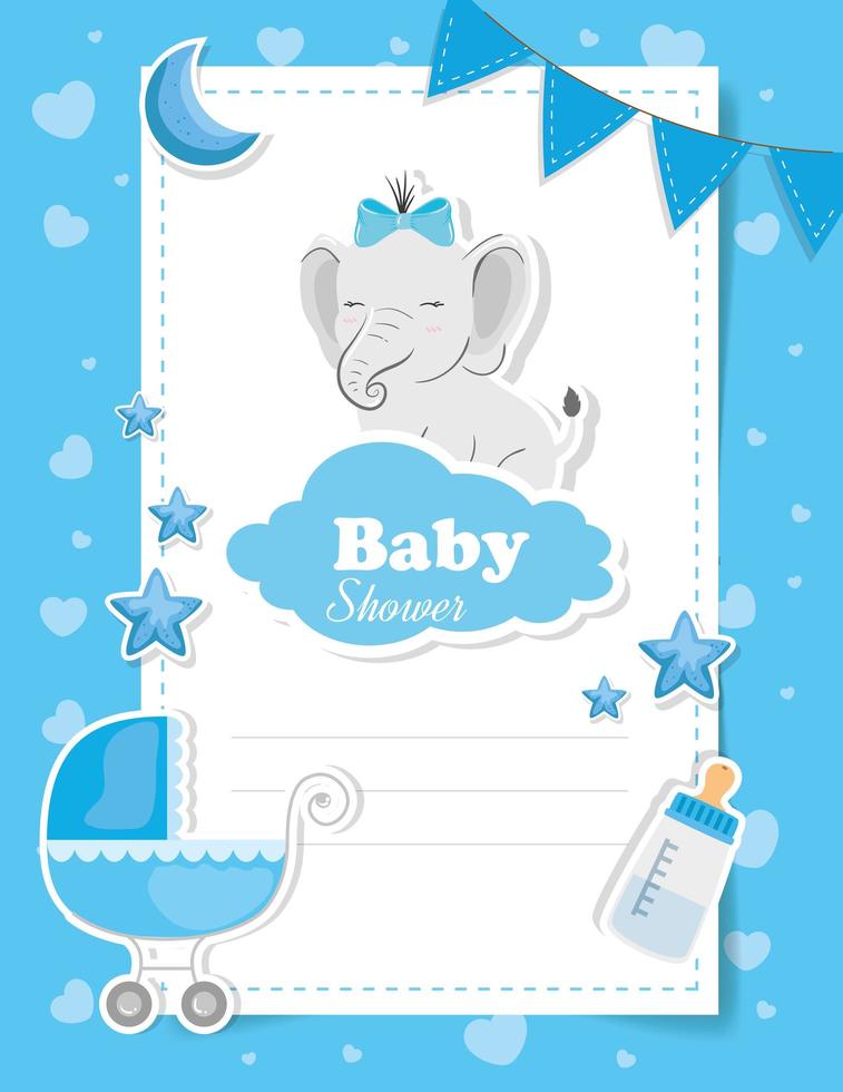 carte de douche de bébé avec éléphant et icônes vecteur