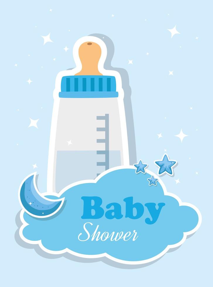 carte de douche de bébé avec du lait en bouteille et des icônes vecteur