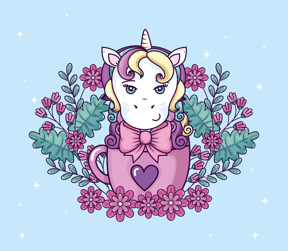 tête de fantaisie de licorne mignon en tasse avec décoration de fleurs vecteur