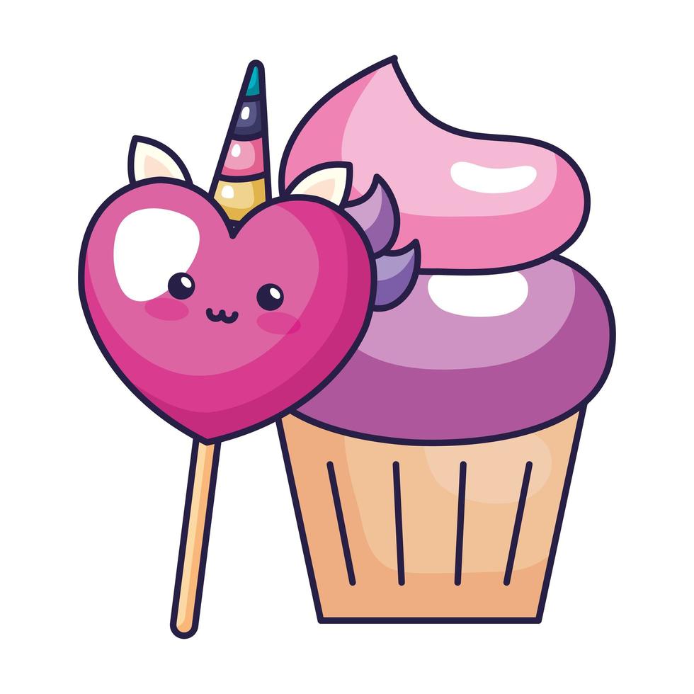 Adorable licorne coeur avec cupcake style kawaii vecteur