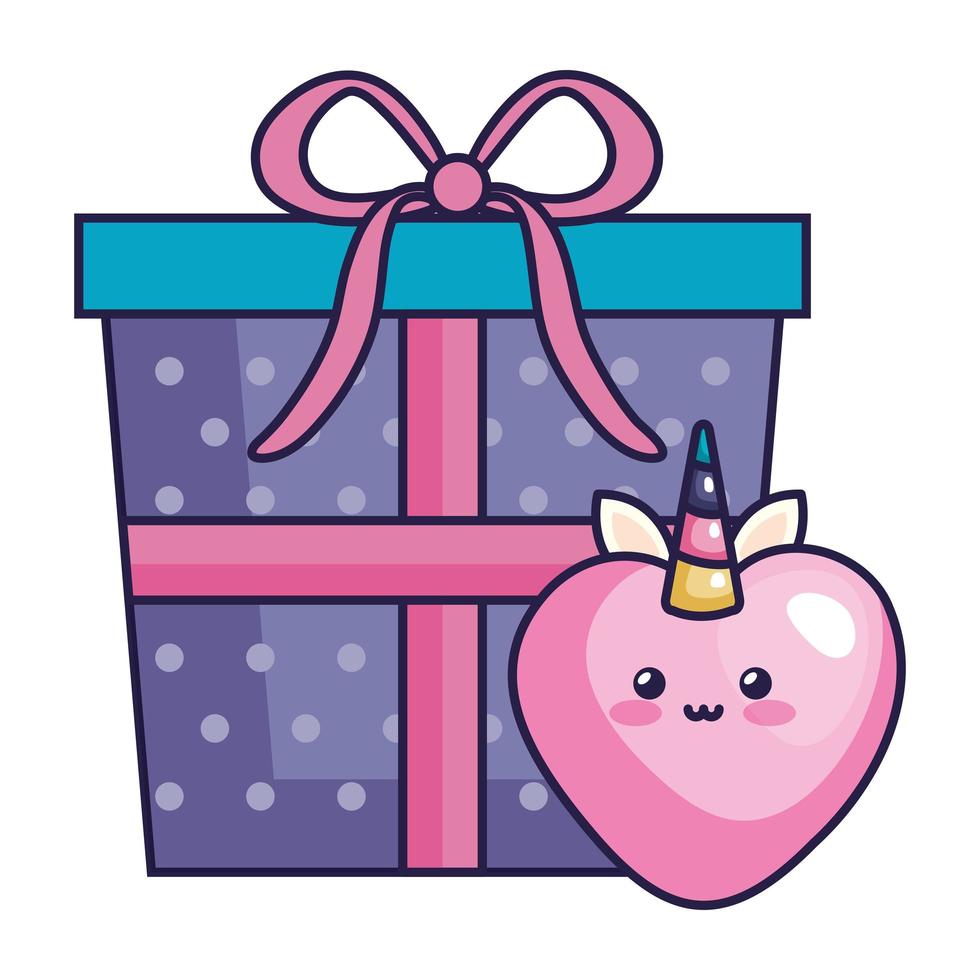 Adorable coeur licorne style kawaii avec boîte-cadeau vecteur