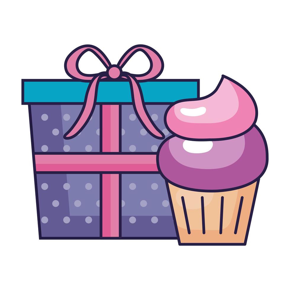 Cupcake mignon avec icône isolé boîte-cadeau vecteur