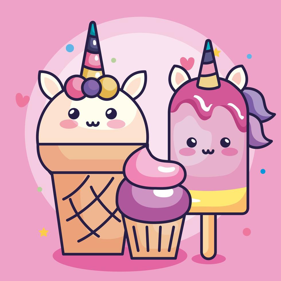 glaces licorne avec cupcake et décoration mignonne vecteur