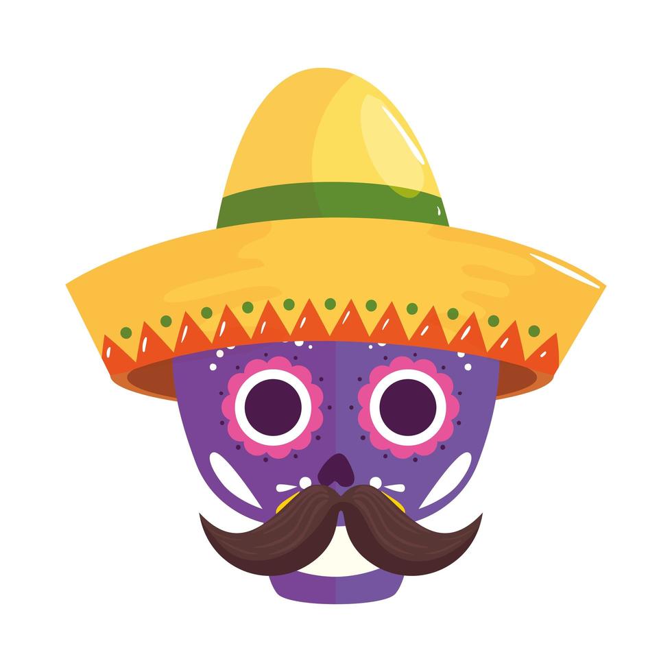 crâne mexicain isolé avec dessin vectoriel chapeau et moustache