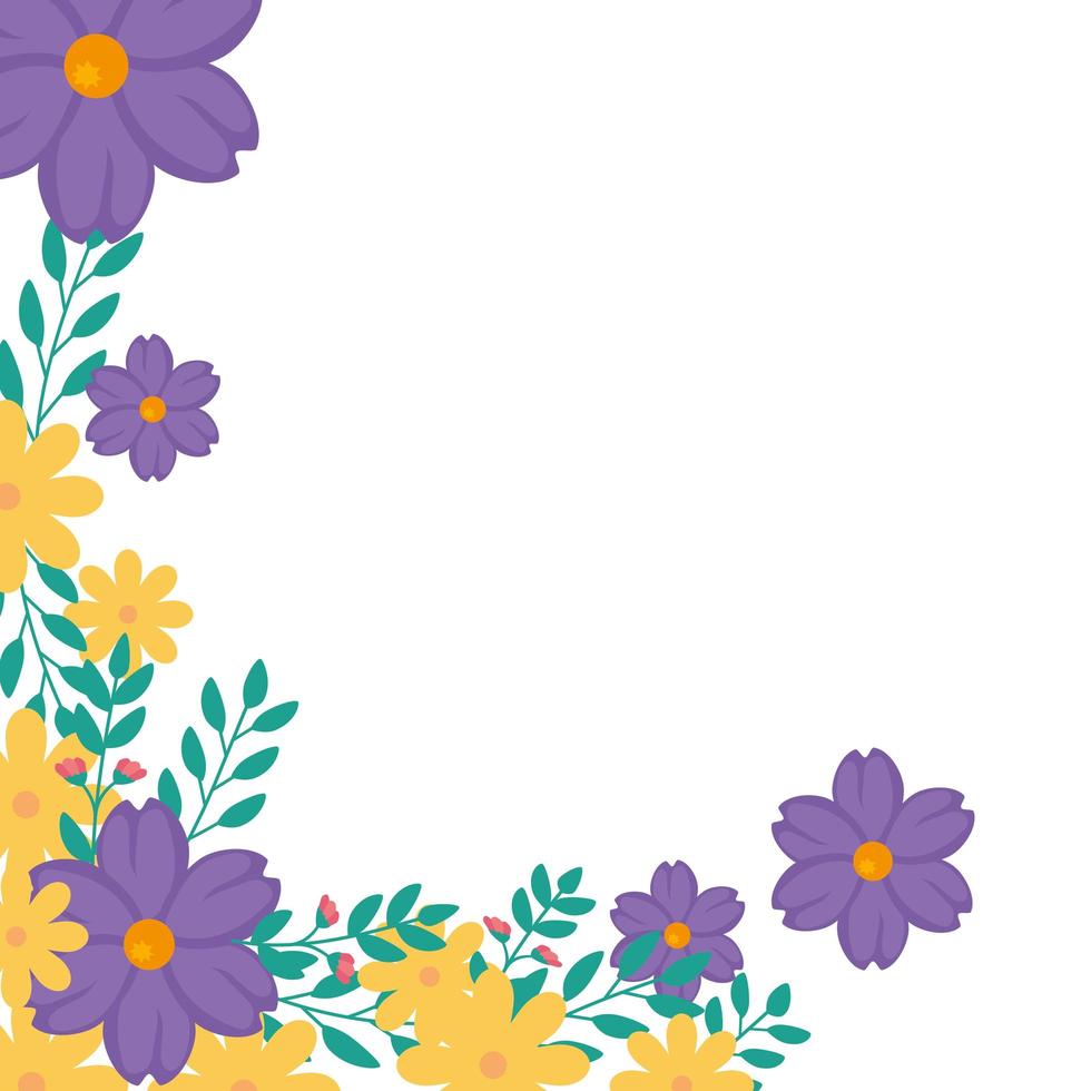 cadre de fleurs jaune et violet avec des feuilles vecteur
