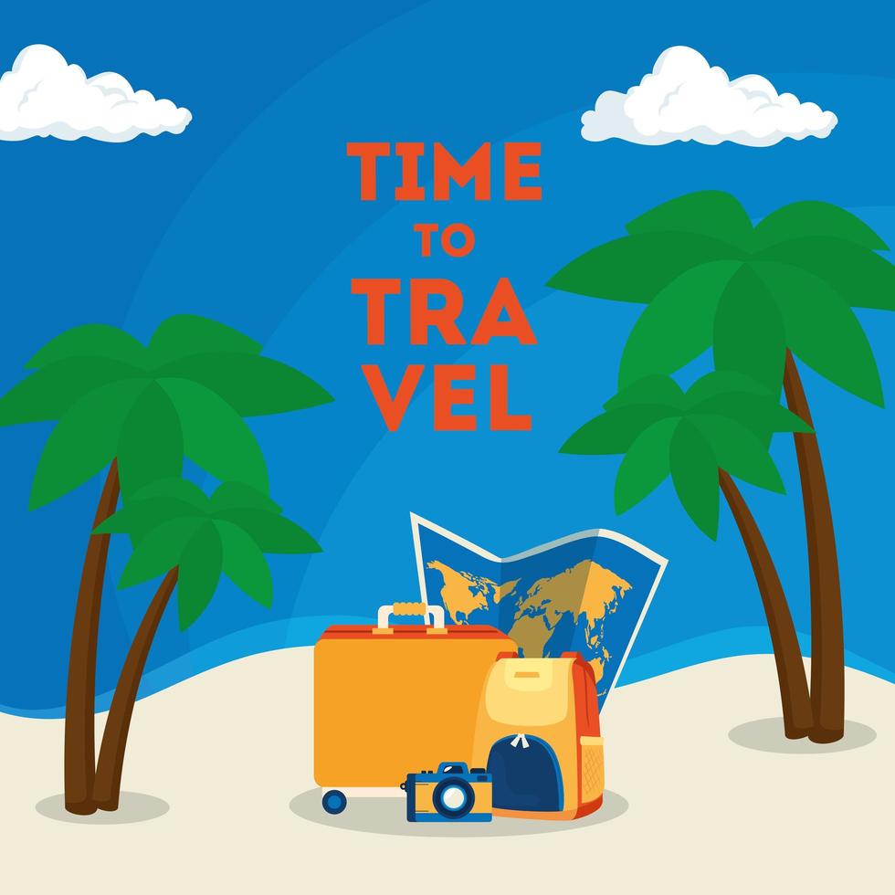 affiche de voyage dans le temps avec des icônes d'été sur la plage vecteur