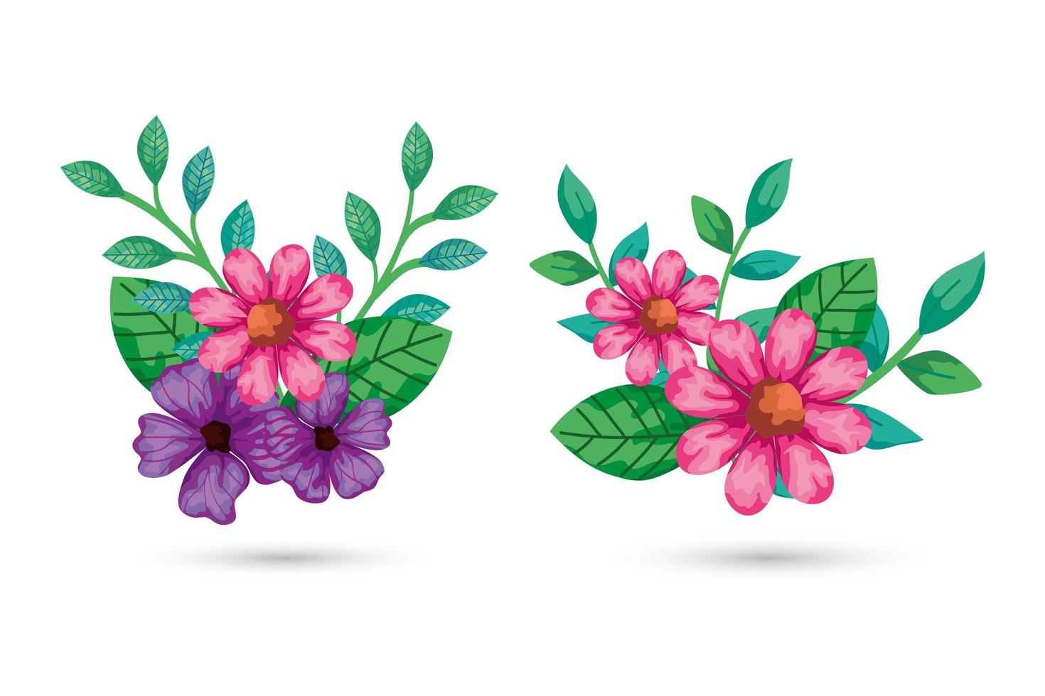 fleurs isolées avec dessin vectoriel de feuilles