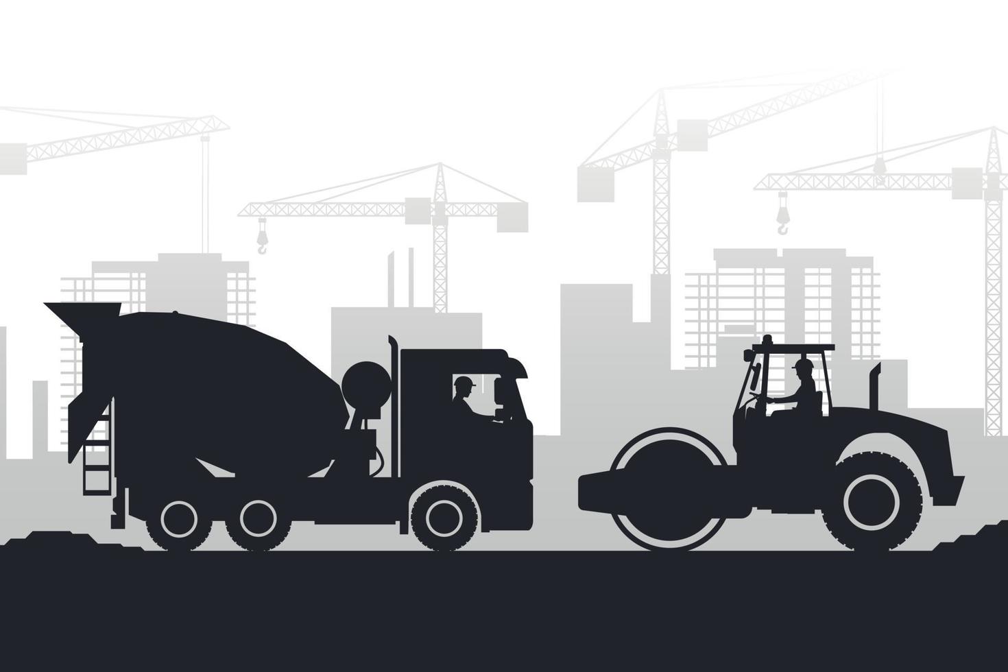 arrière-plan silhouette de machinerie lourde avec camion malaxeur à béton et compacteur de sol dans une ville en construction vecteur