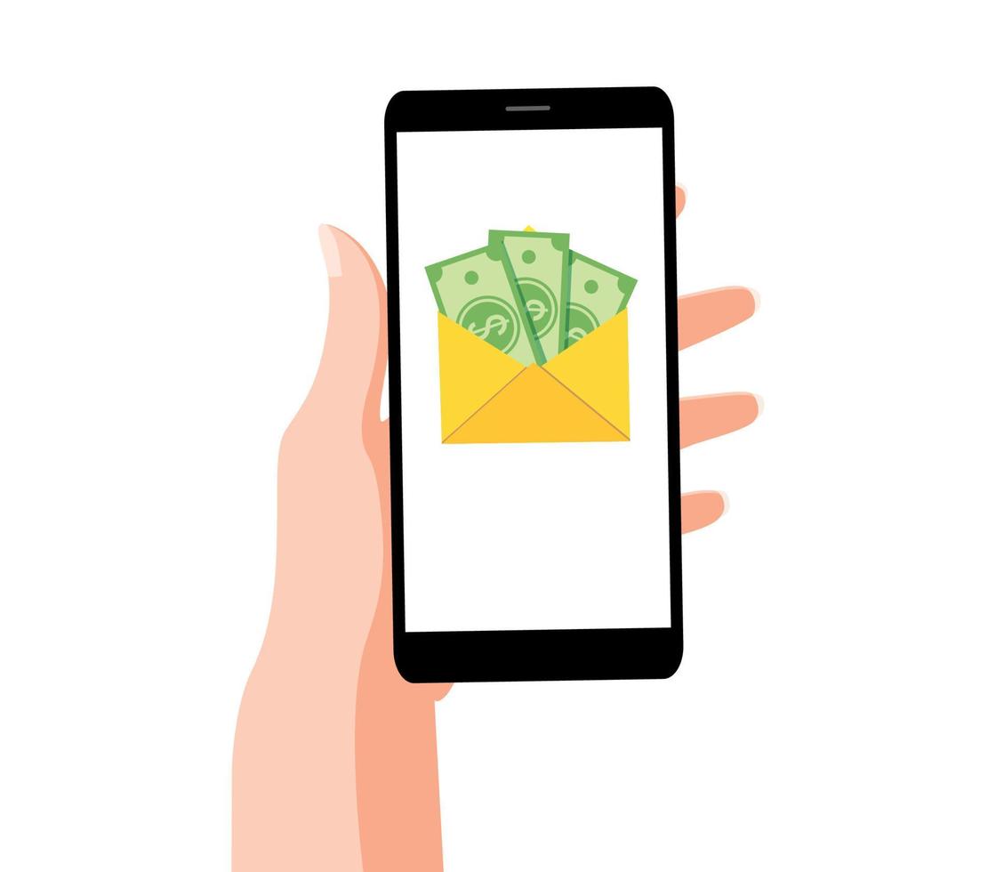 main féminine tenant un téléphone portable avec une icône d'enveloppe avec de l'argent à l'écran. application de messagerie sur smartphone, nouveau message. illustration vectorielle en style cartoon. vecteur
