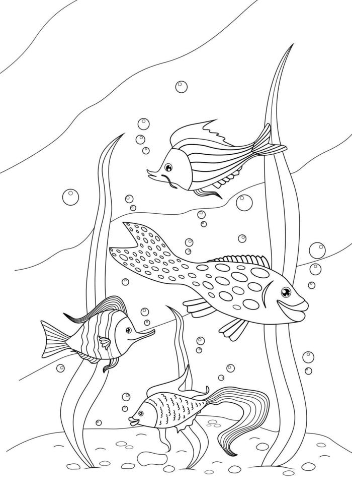 quatre poissons de dessin animé mignon dans l'océan. pour livre de coloriage. illustration vectorielle. vecteur