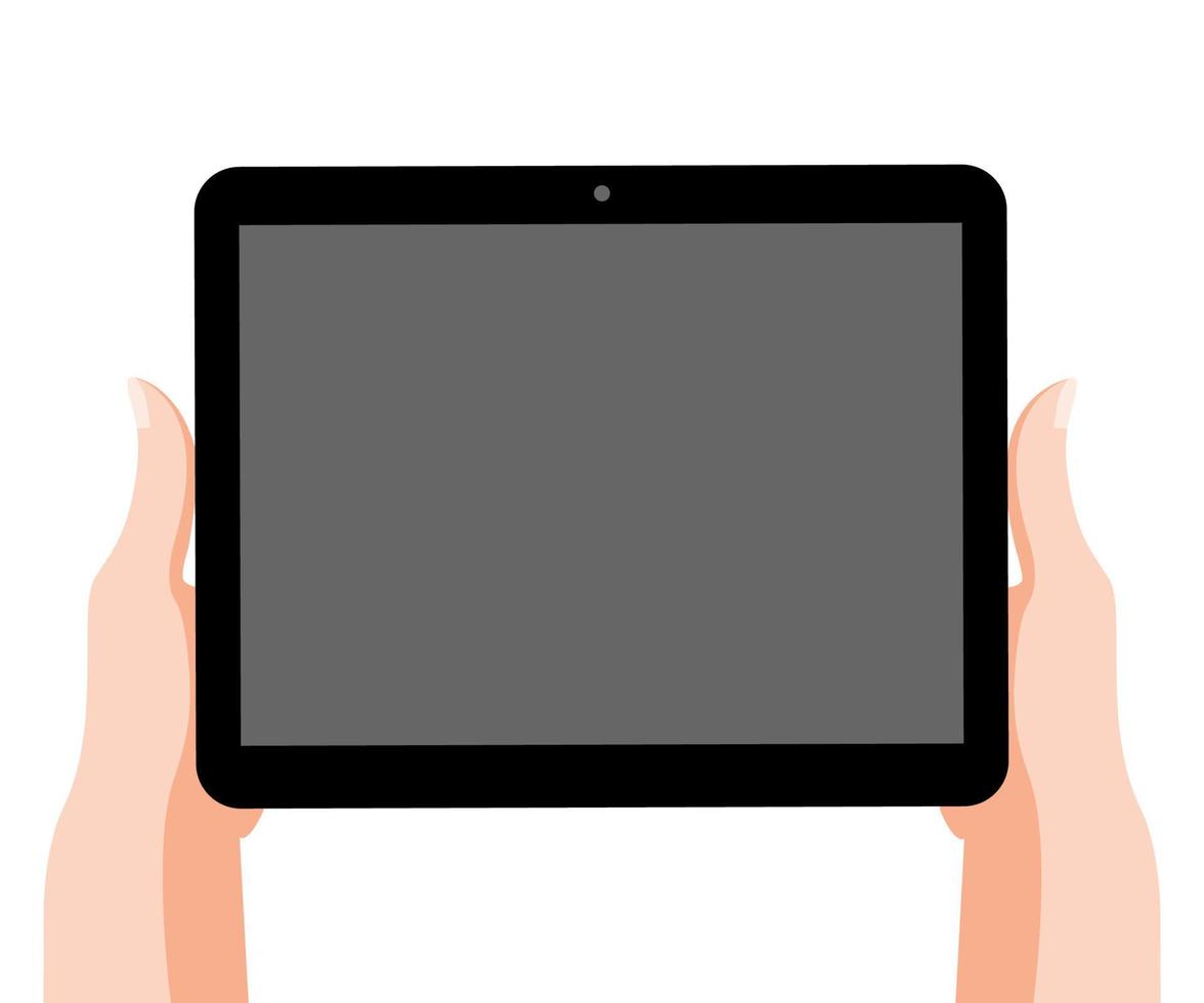 les mains féminines tiennent la tablette de couleur noire sur fond blanc. gadget. illustration vectorielle en style cartoon. vecteur