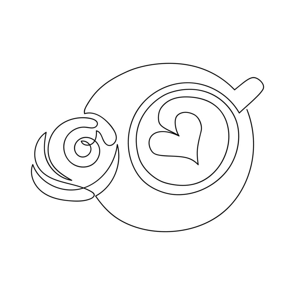 tasse de café avec brioche à la cannelle sur une soucoupe dessinée par une ligne. illustration vectorielle dans un style graphique. vecteur