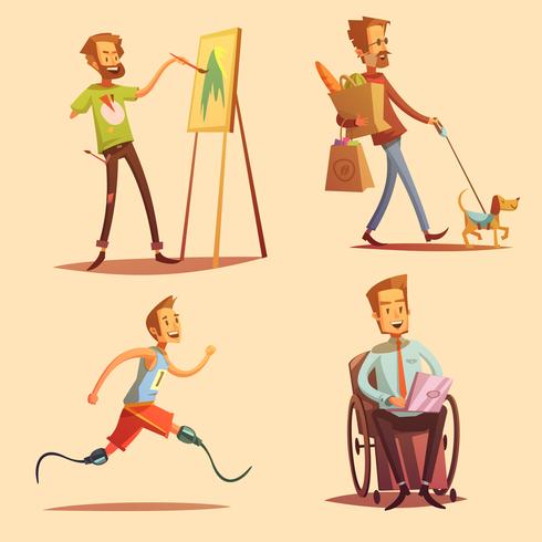 Les personnes handicapées Retro Cartoon 2x2 Icons Set vecteur