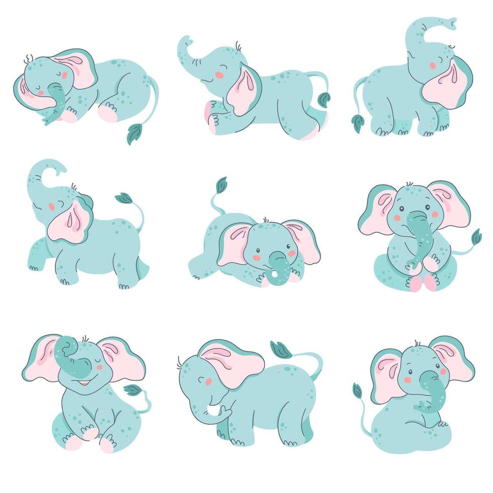 mignonne bébé éléphants. nouveau née animal, l'éléphant dans différent pose, zoo mascotte illustration ensemble vecteur