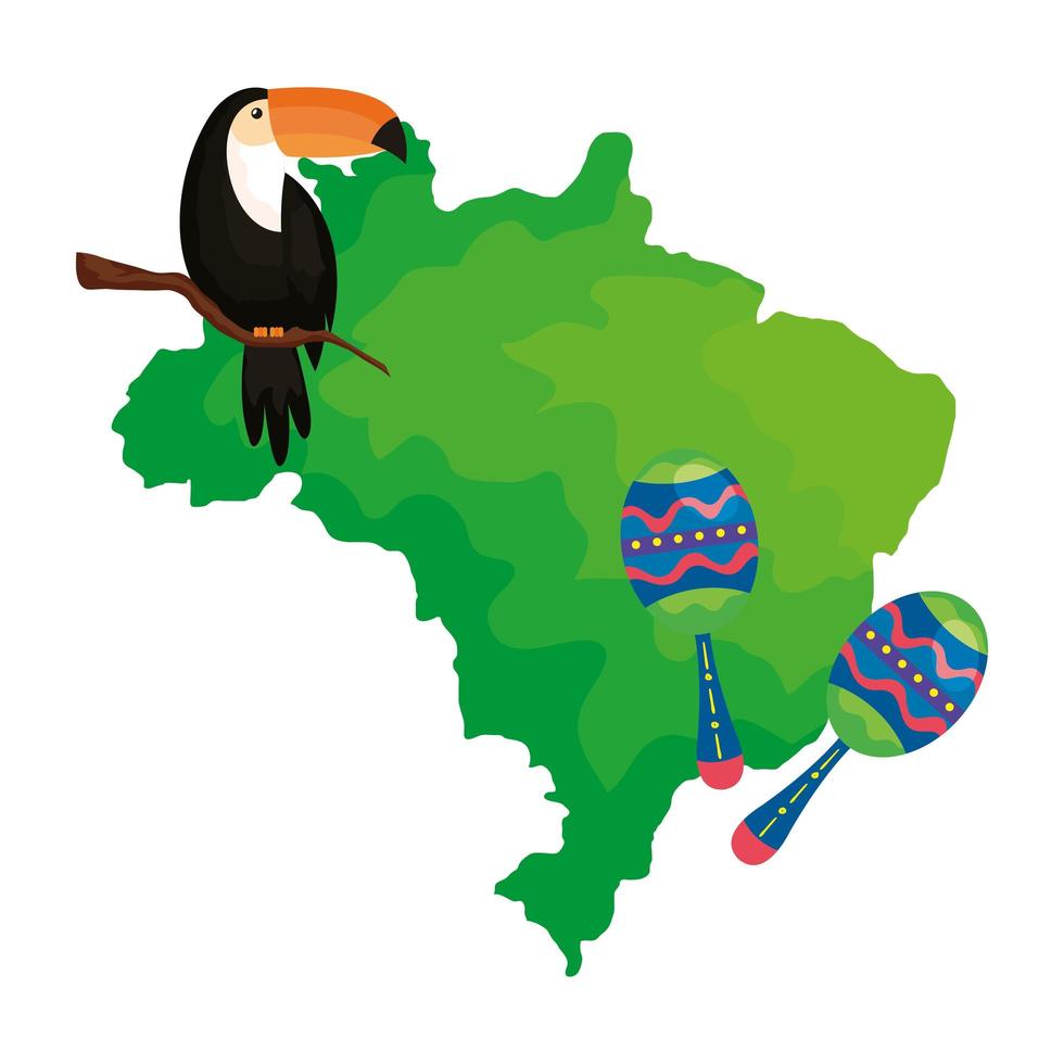 toucan et maracas avec carte du brésil vecteur