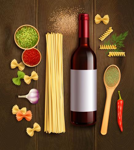 Affiche réaliste de composition de vin de pâtes sèches vecteur