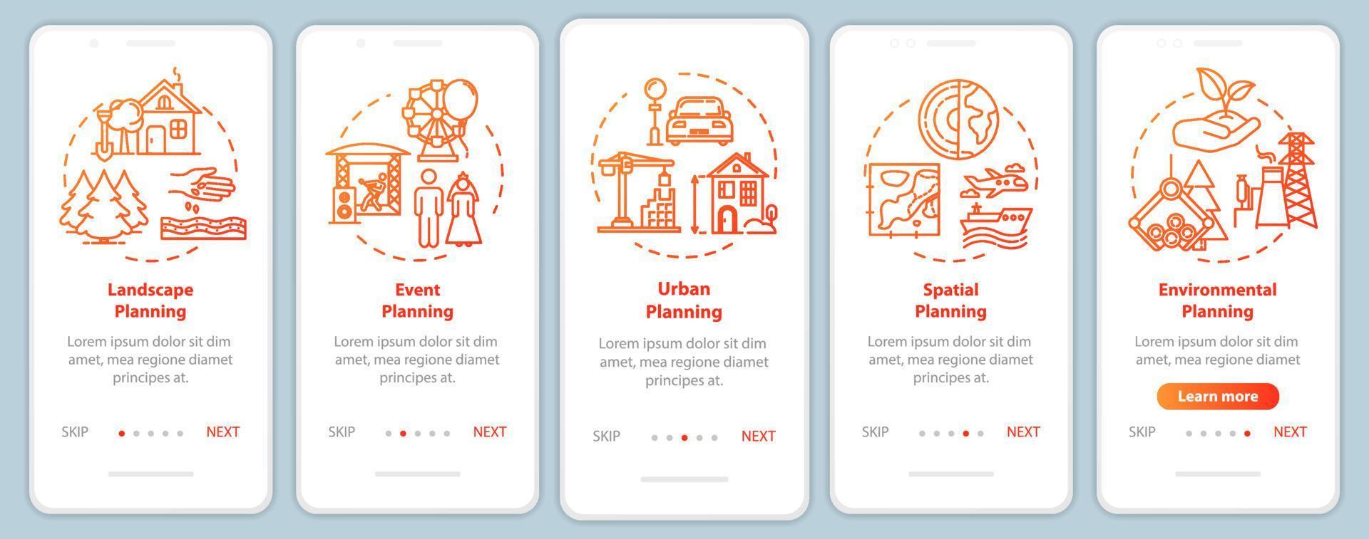 écran de page d'application mobile d'intégration d'ingénierie du paysage avec des concepts. immobilier. Procédure pas à pas pour la planification d'événements Instructions graphiques en 5 étapes. modèle vectoriel d'interface utilisateur avec des illustrations en couleur rvb