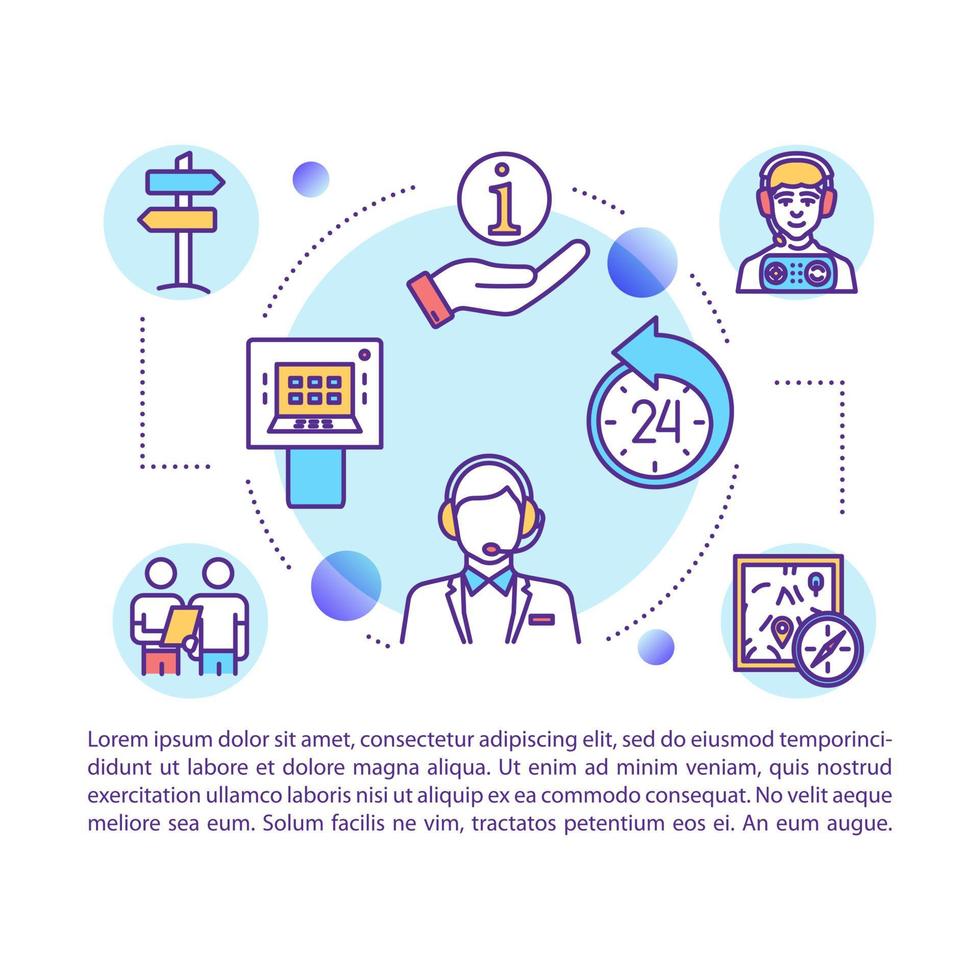 icône de concept d'assistants de voyage avec texte. accompagnement des consommateurs. centre d'appel. ligne d'assistance aux voyageurs. modèle de vecteur de page ppt. brochure, magazine, élément de conception de livret avec illustrations linéaires