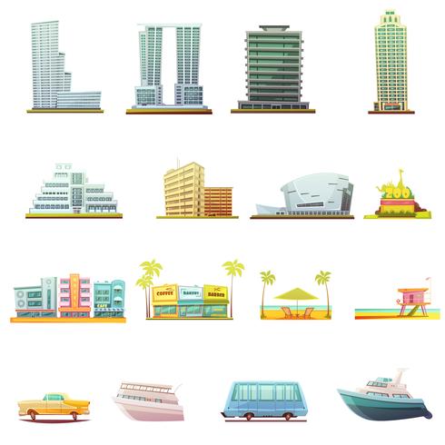 Miami Transportation Landscape Elements Icons Set vecteur