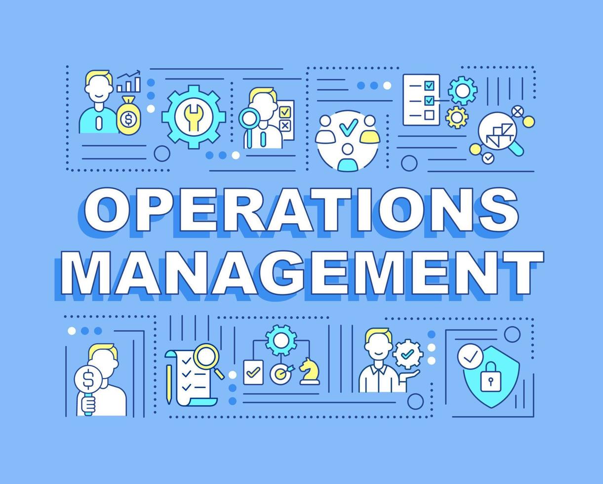 bannière de concepts de mot de gestion des opérations. suivi de fabrication. infographie avec des icônes linéaires sur fond bleu. typographie créative isolée. illustration de couleur de contour vectoriel avec texte