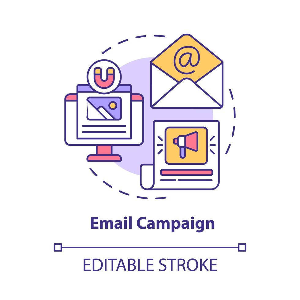 icône de concept de campagne de courrier électronique. publicité pour petite entreprise. communication en ligne avec les clients marketing illustration de fine ligne idée abstraite. dessin de couleur de contour isolé de vecteur. trait modifiable vecteur