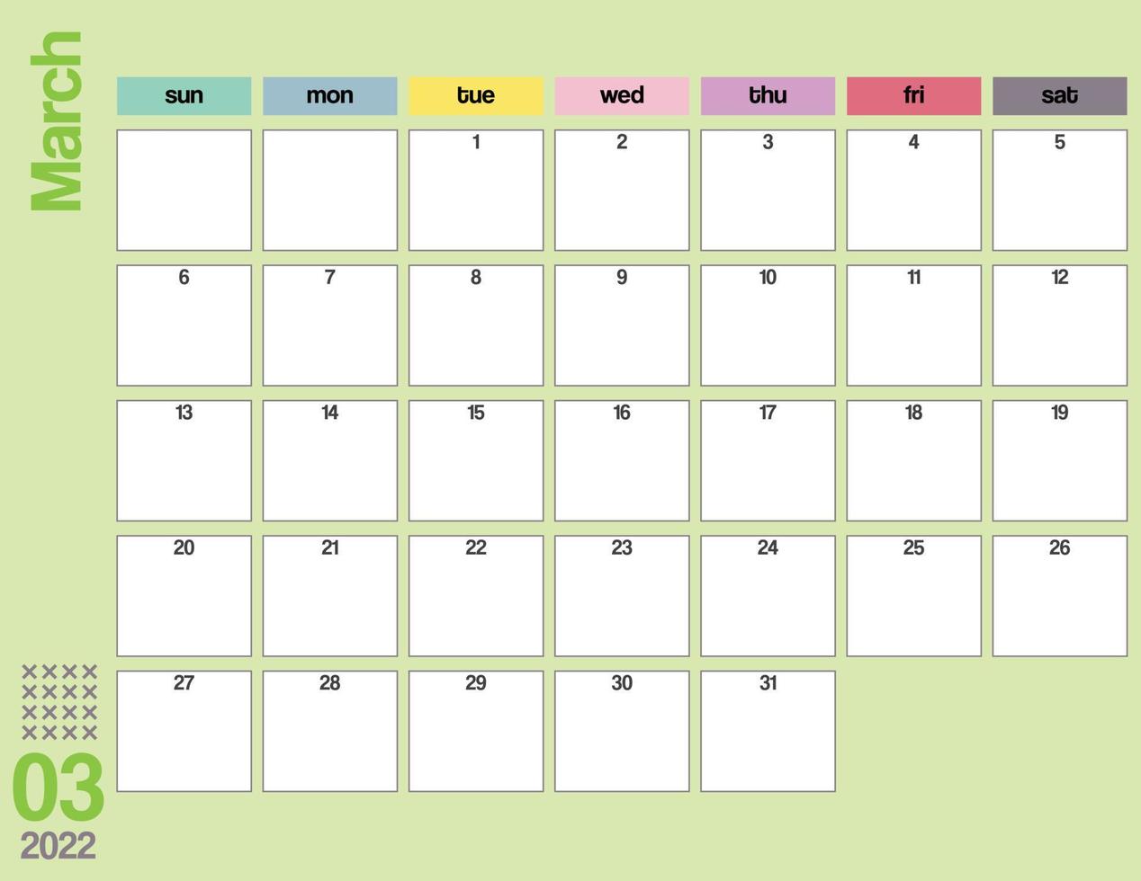 Calendrier mensuel coloré de mars 2022 imprimable vecteur
