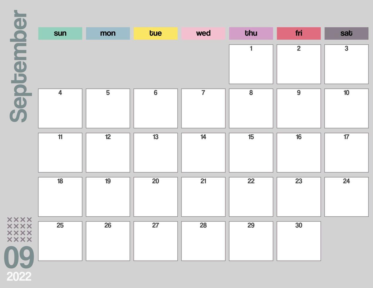 planificateur de calendrier mensuel coloré de septembre 2022 imprimable vecteur