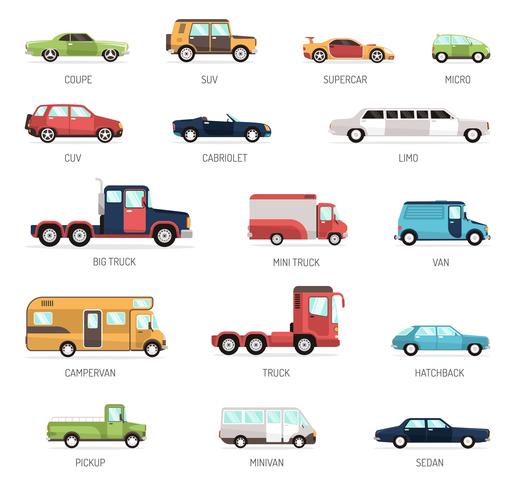 Collection plate de différents modèles de voiture vecteur