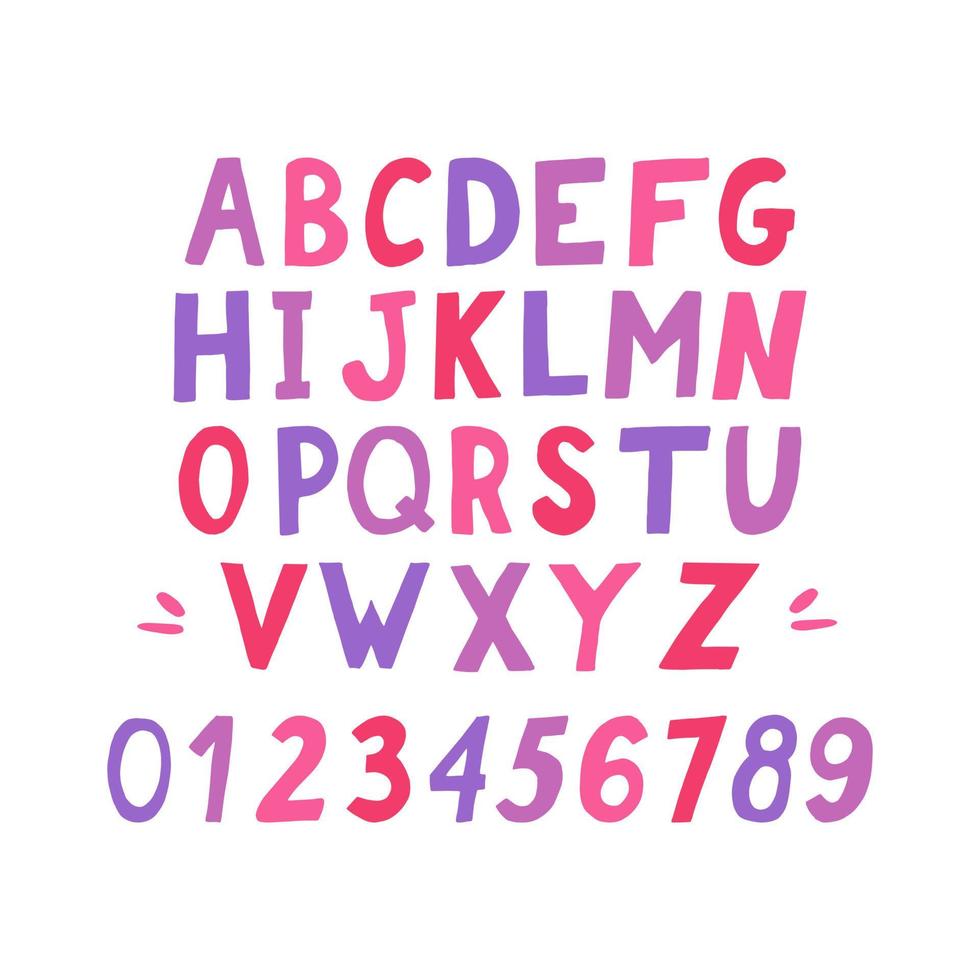 alphabet anglais enfants dessinés à la main. lettres, numéros de police écrits vecteur