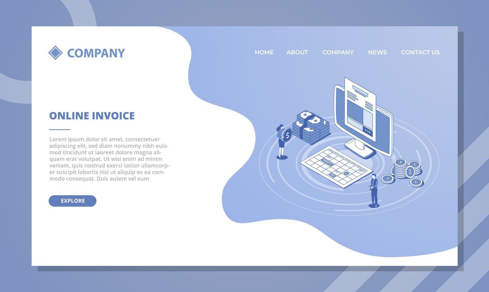 concept de facture en ligne d'entreprise pour modèle de site Web ou page d'accueil de destination avec style isométrique et contour vecteur