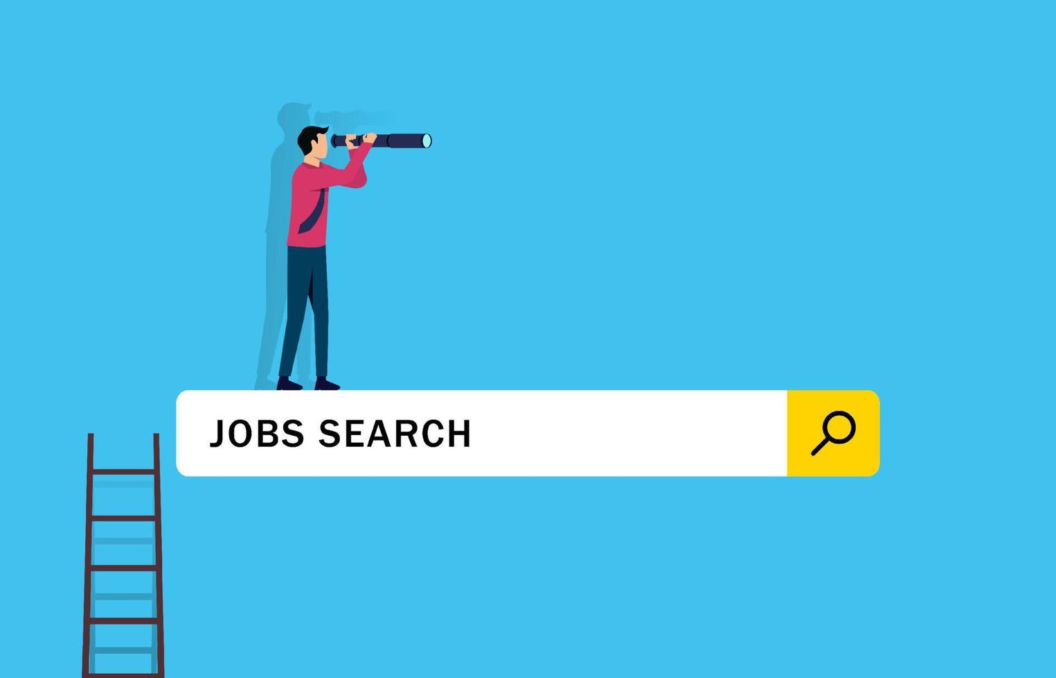 à la recherche d'un nouvel emploi. un homme d'affaires monte sur l'échelle de la barre de recherche d'emploi avec un télescope pour voir l'opportunité. vecteur
